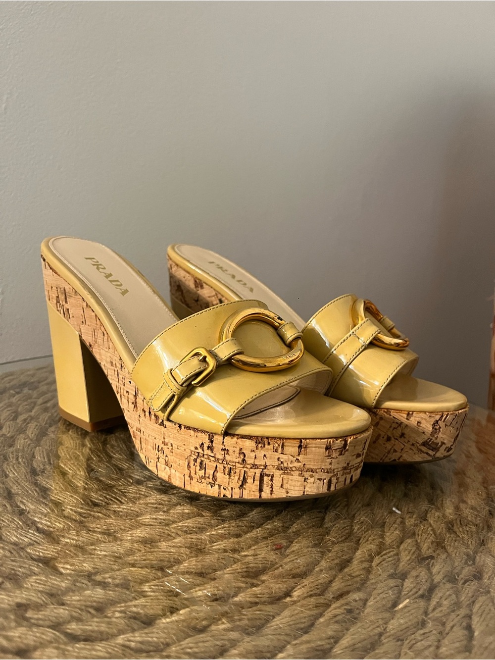 Prada Patent Leather Cork Platform Mules with Gold-Tone Ring - Picture 5 of 9